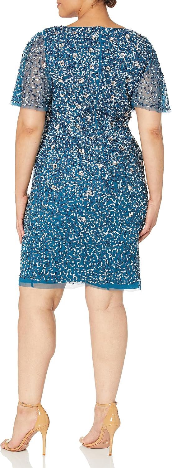 image:imageAdrianna Papell Womens Beaded VNeckline Short DressTeal Sapphire