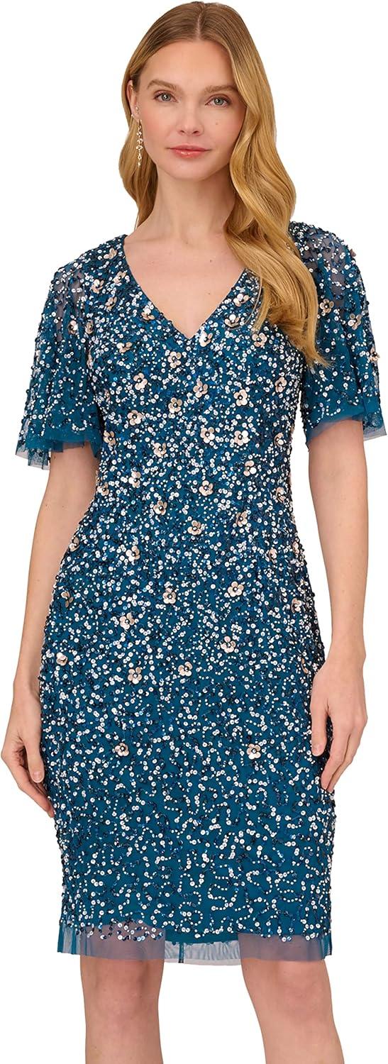 image:imageAdrianna Papell Womens Beaded VNeckline Short DressTeal Sapphire