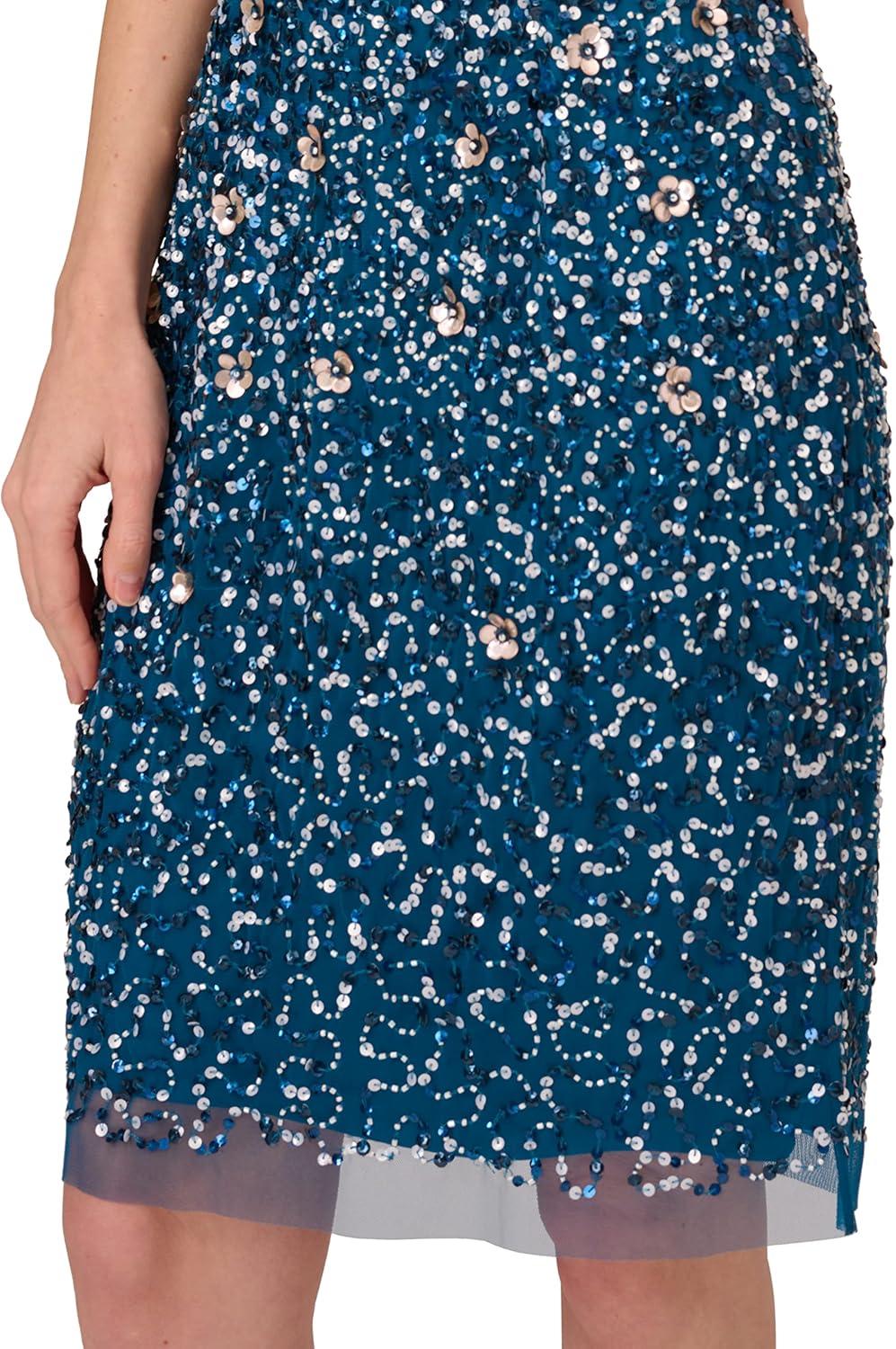image:imageAdrianna Papell Womens Beaded VNeckline Short DressTeal Sapphire