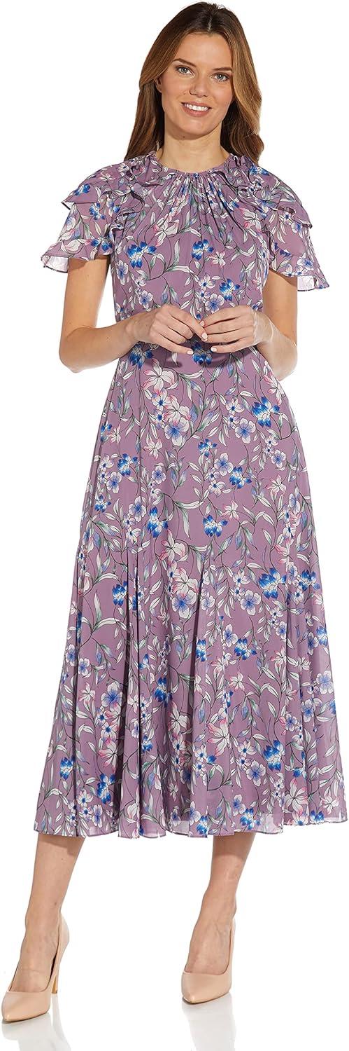 image:imageAdrianna Papell Womens Floral Print Ruffle Midi DressPurple Multi