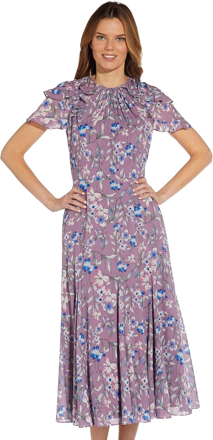 image:imageAdrianna Papell Womens Floral Print Ruffle Midi DressPurple Multi