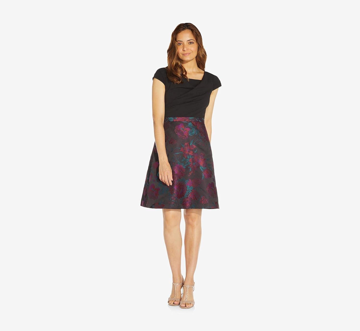 image:imageAdrianna Papell Womens Knit Crepe and Jacquard DressBlack Multi