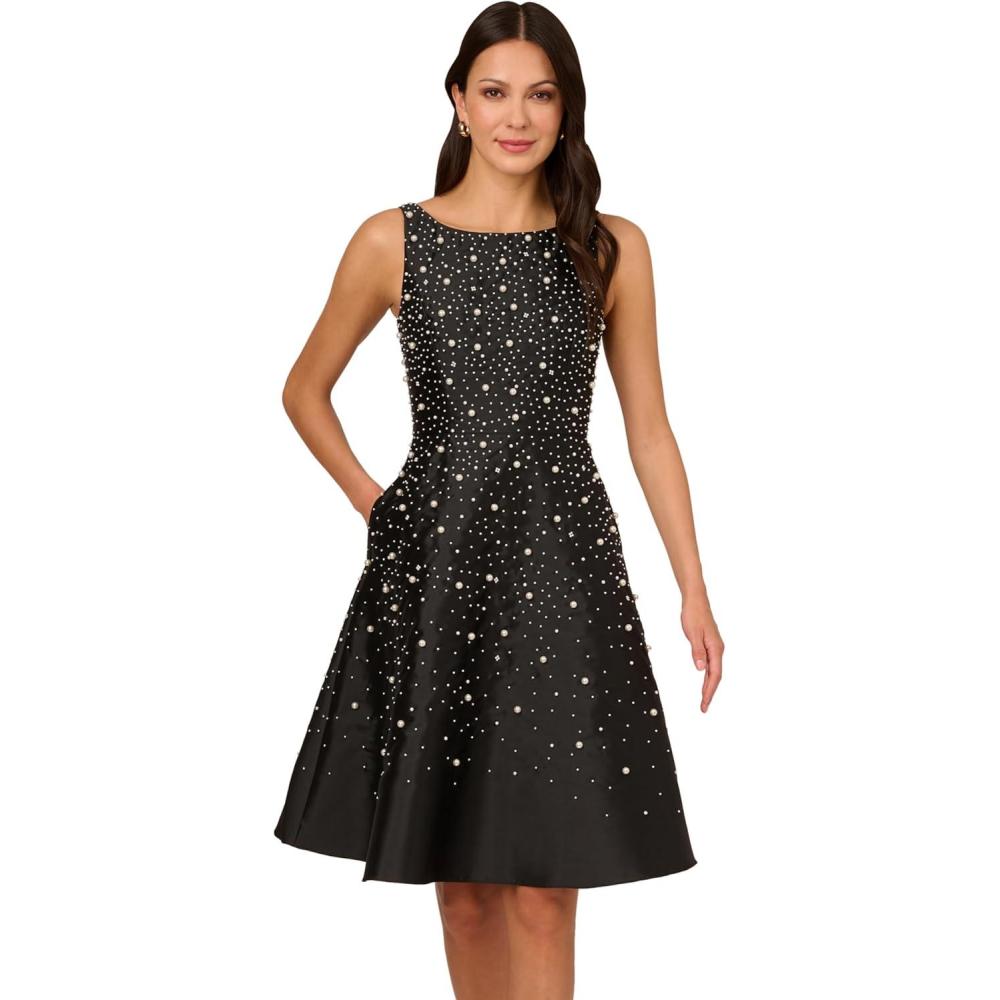 image:imageAdrianna Papell Womens Bead Taffeta Midi DressBlackIvory