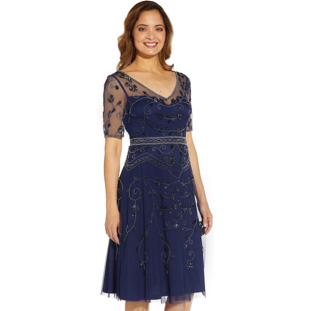 image:imageAdrianna Papell Womens Beaded Midi DressLight Navy
