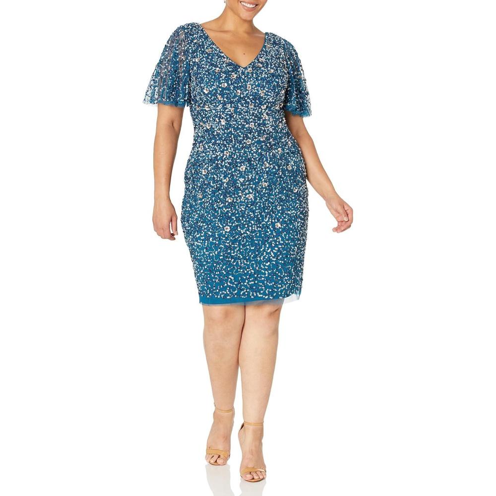 image:imageAdrianna Papell Womens Beaded VNeckline Short DressTeal Sapphire