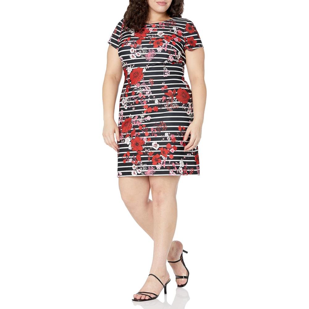 image:imageAdrianna Papell Womens Scuba Aline Cap Sleeve DressBlack Multi