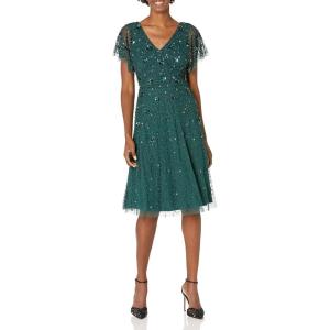 Adrianna Papell Women’s Beaded Flutter Dress(Dusty Emerald)