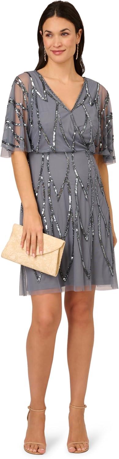 image:imageAdrianna Papell Womens Bead Mesh Wrap DressDusty Blue