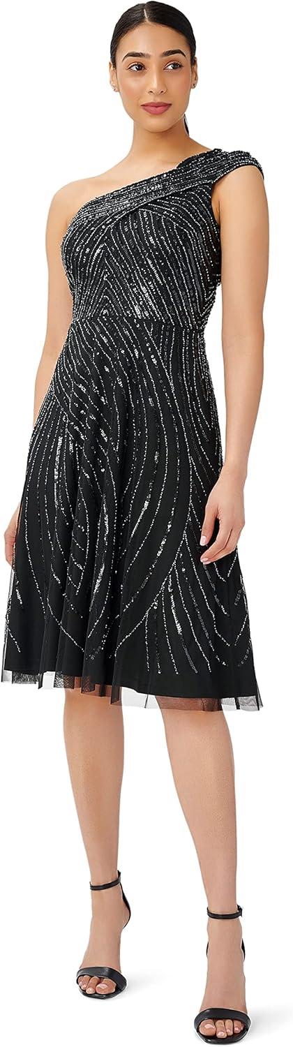 image:imageAdrianna Papell Womens Beaded One Shoulder DressBlack