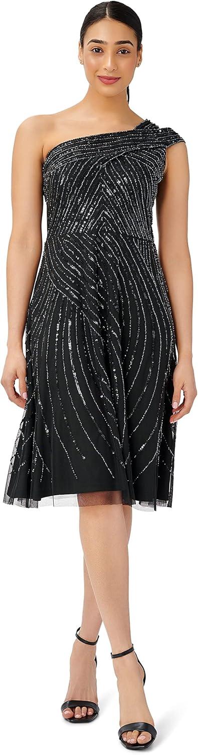 image:imageAdrianna Papell Womens Beaded One Shoulder DressBlack