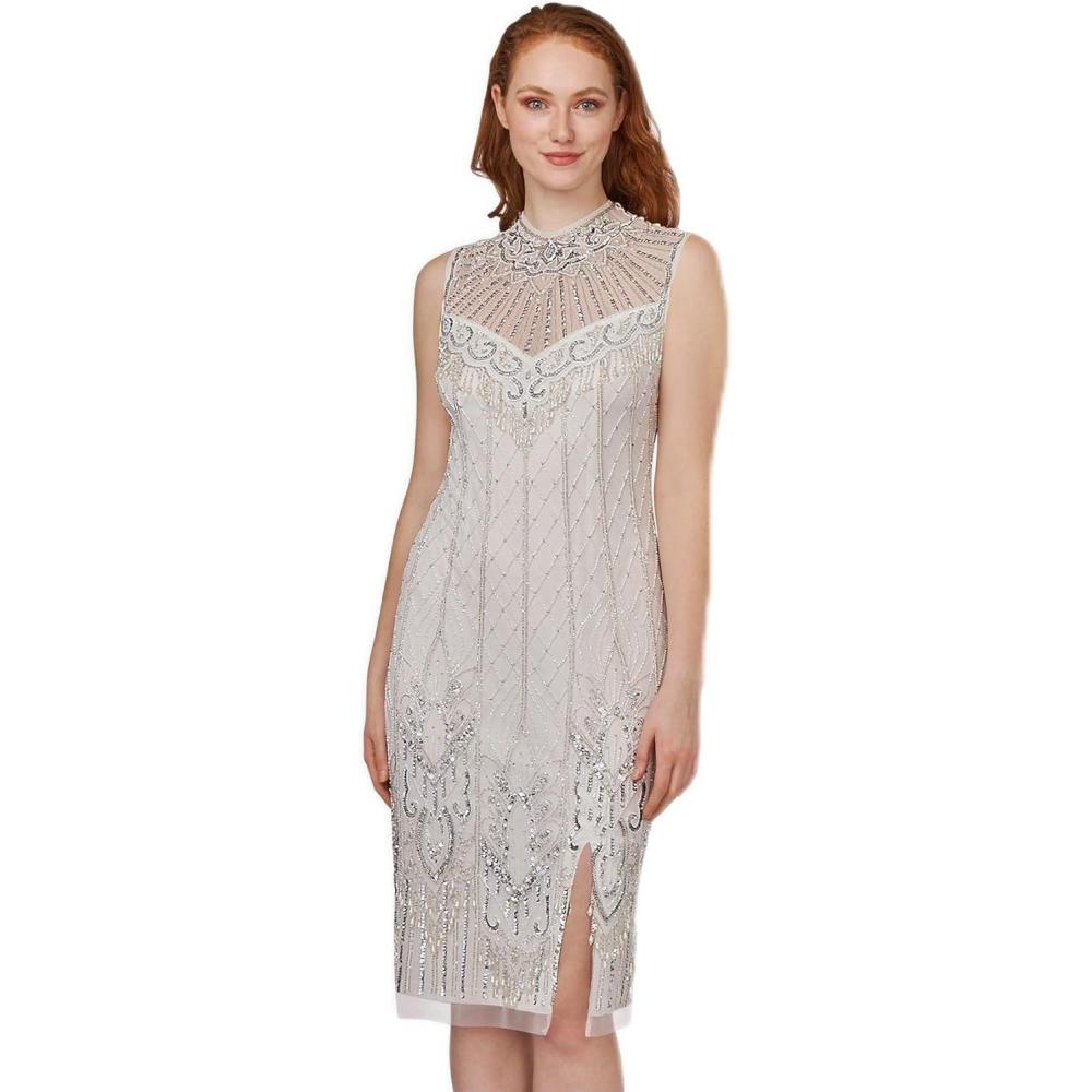 image:imageAdrianna Papell Womens Beaded Mock Neck CocktailIvory