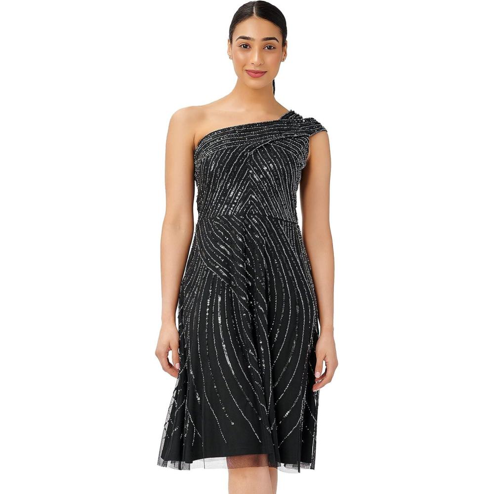 image:imageAdrianna Papell Womens Beaded One Shoulder DressBlack