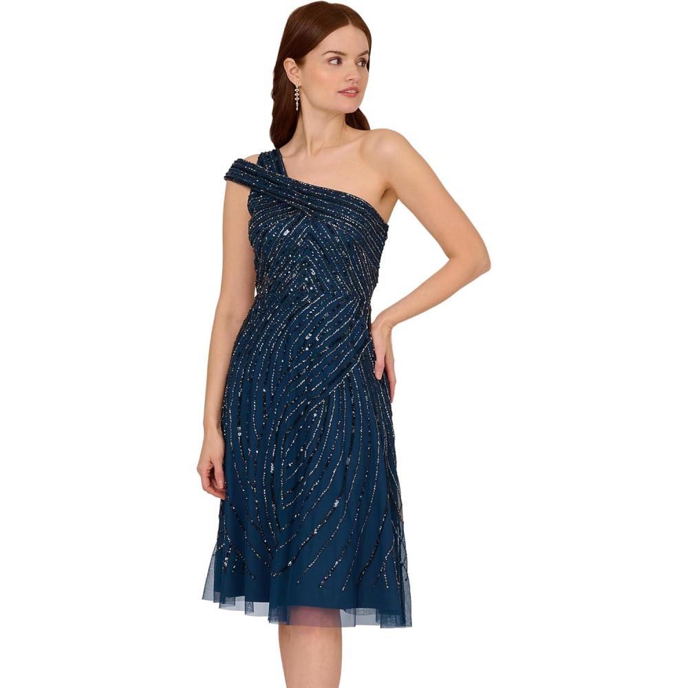 image:imageAdrianna Papell Womens Beaded One Shoulder DressDeep Blue