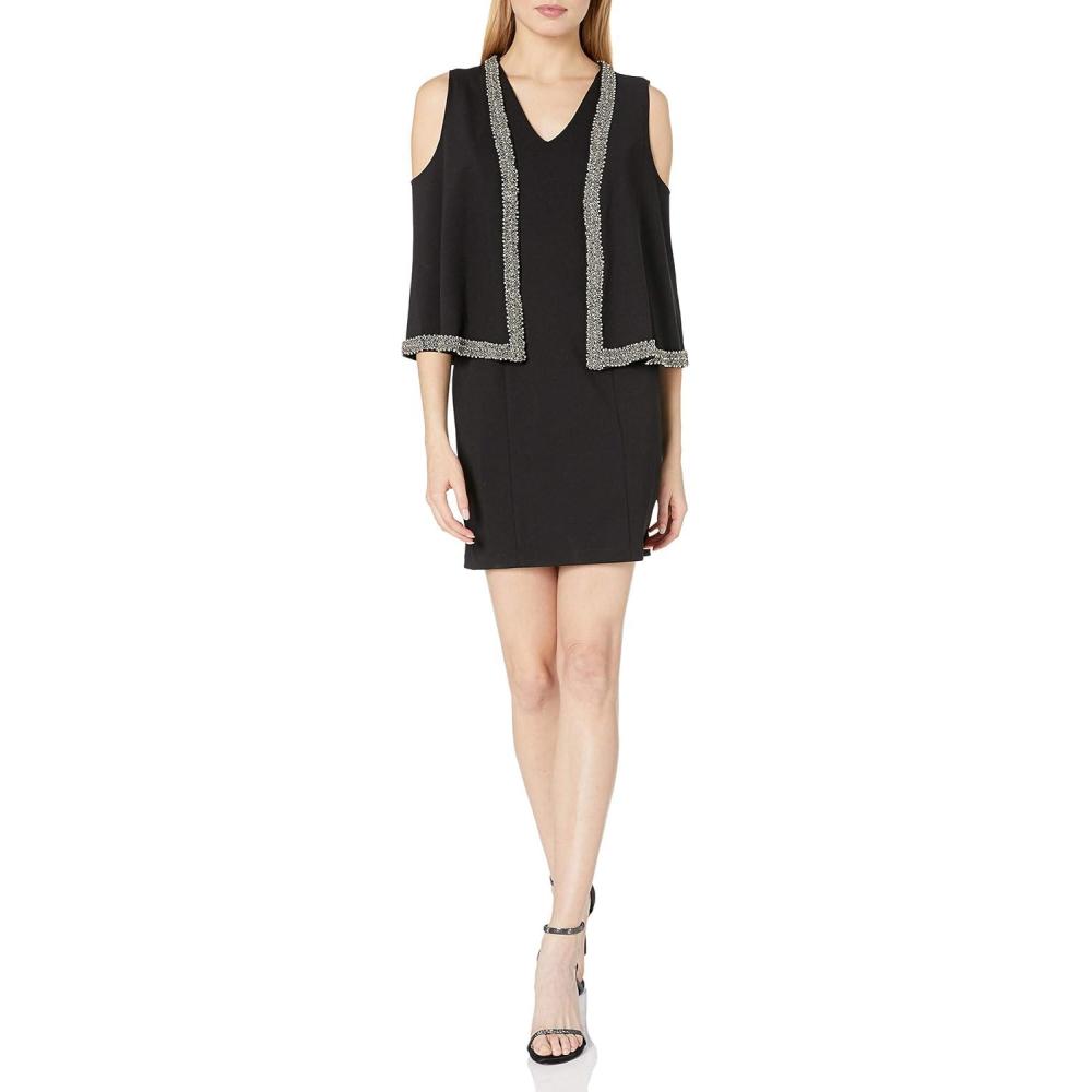 image:imageAdrianna Papell Womens Embroidered Cold Shoulder Knit Crop SheathBlack