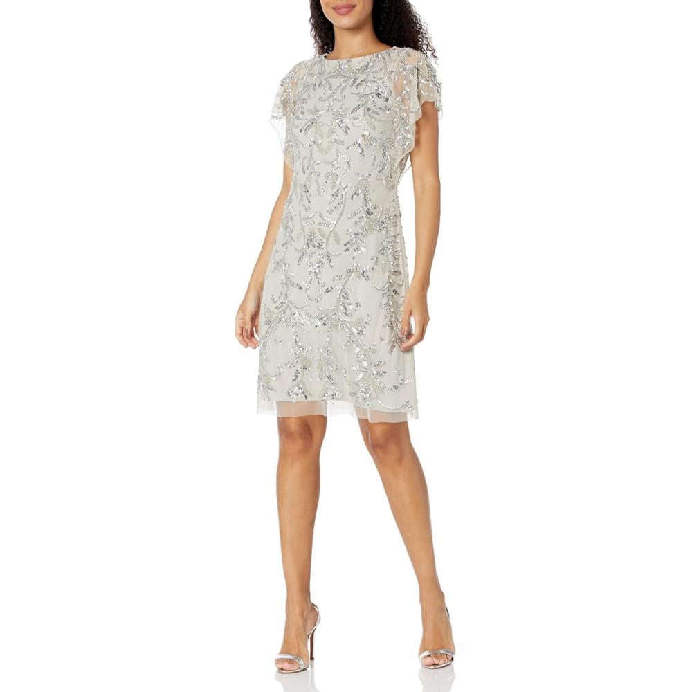 image:imageAidan Mattox Womens Beaded Flutter Sleeve TrapezeSilver