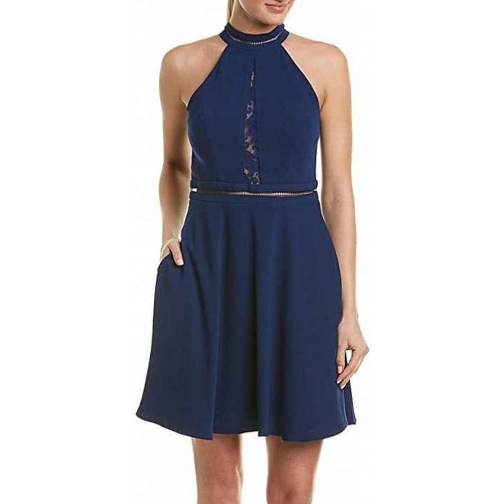 image:imageAidan Mattox Womens Crepe and Lace Mockneck Halter Cocktail DressNavy