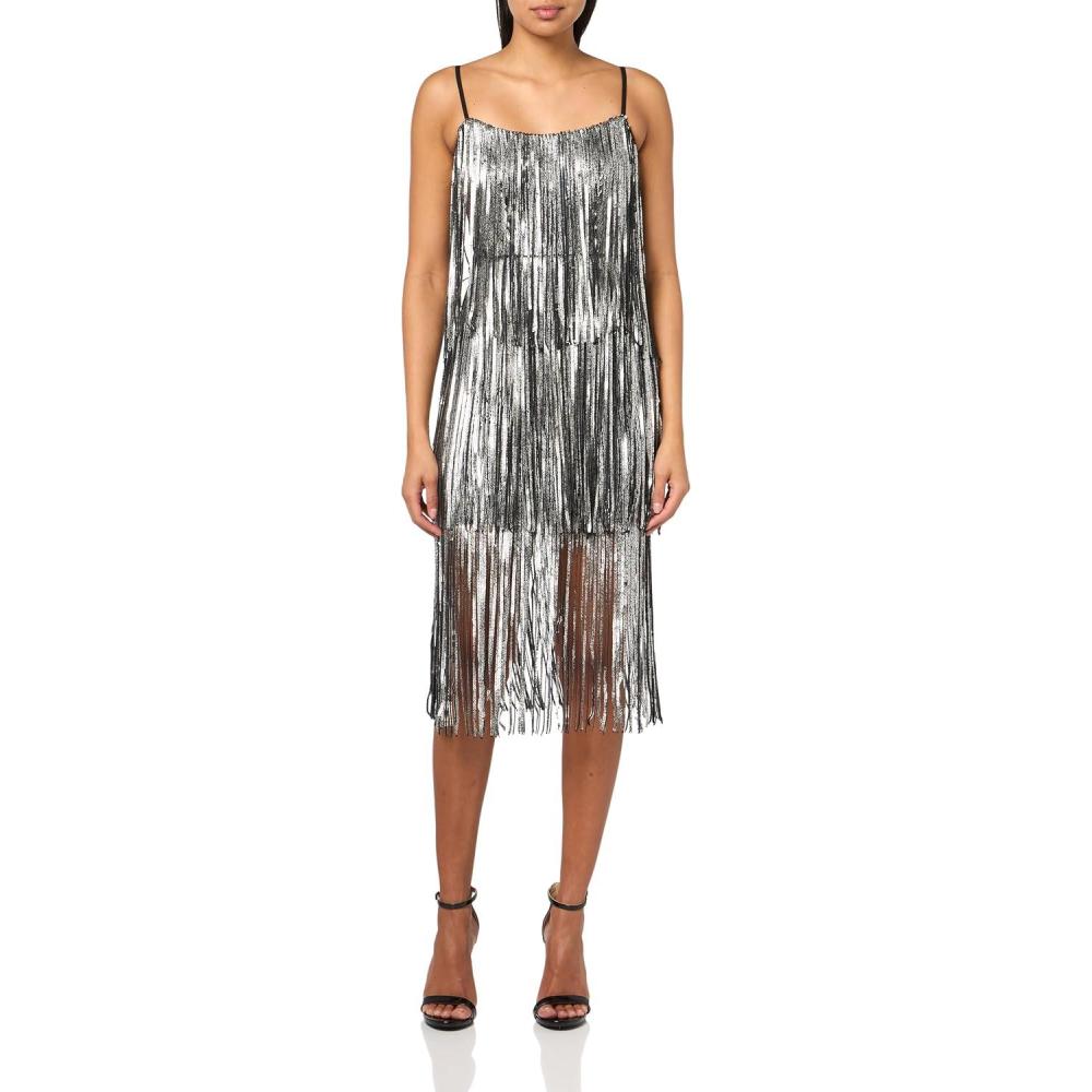 image:imageAidan Mattox Womens Sleeveless Beaded Dress with FringeGunmetalBlack