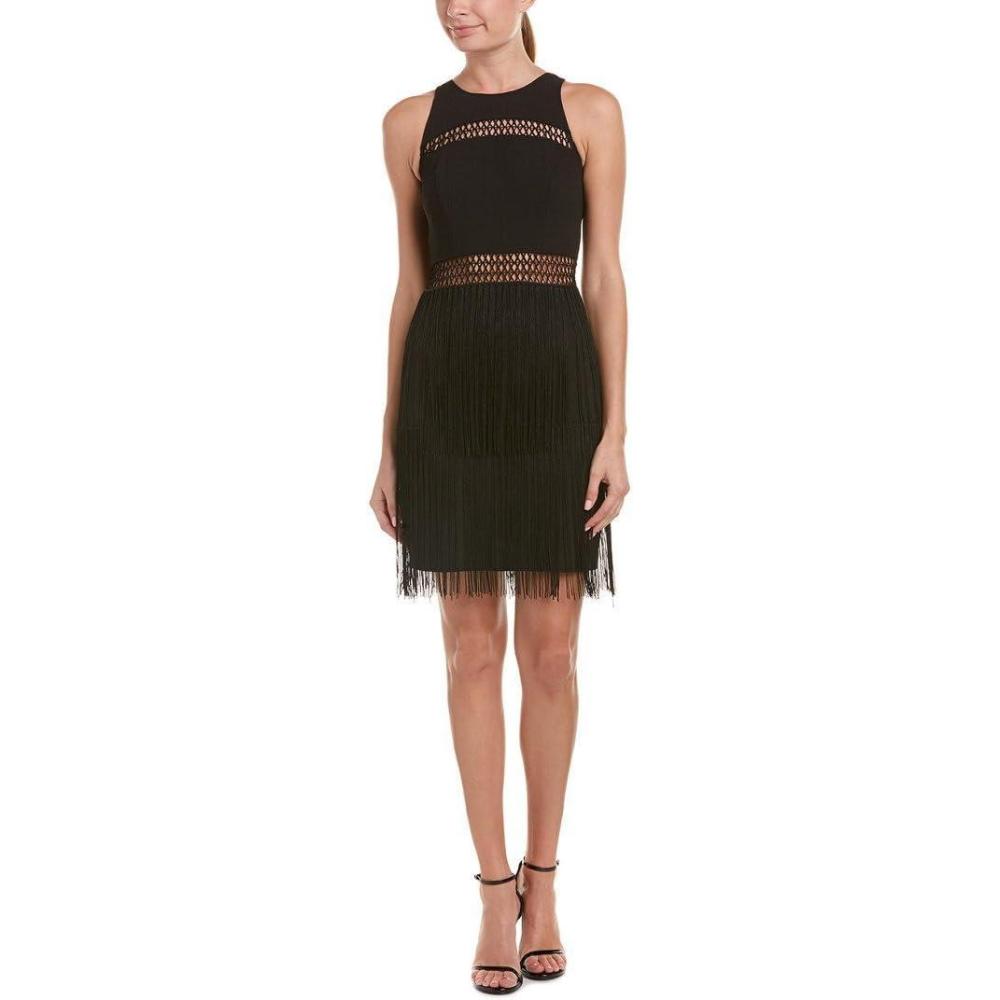 image:imageAidan by Aidan Mattox Womens Crepe Fringe Cocktail Dress with Illusion Cutout DetailBlack