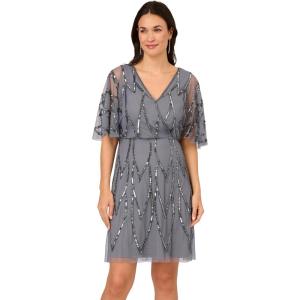 Adrianna Papell Womens Bead Mesh Wrap Dress(Dusty Blue)