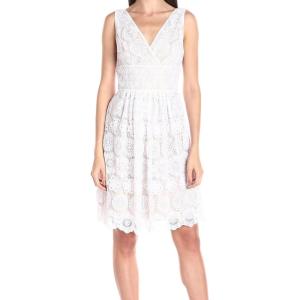 Adrianna Papell Women’s Deep Vneck Fit & Flare Medallion Lace(White)