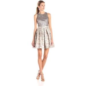 Aidan by Aidan Mattox Women’s Embellished Bead and Sequin Cocktail Dress with Printed Fit and Flare Detail(Champagne)