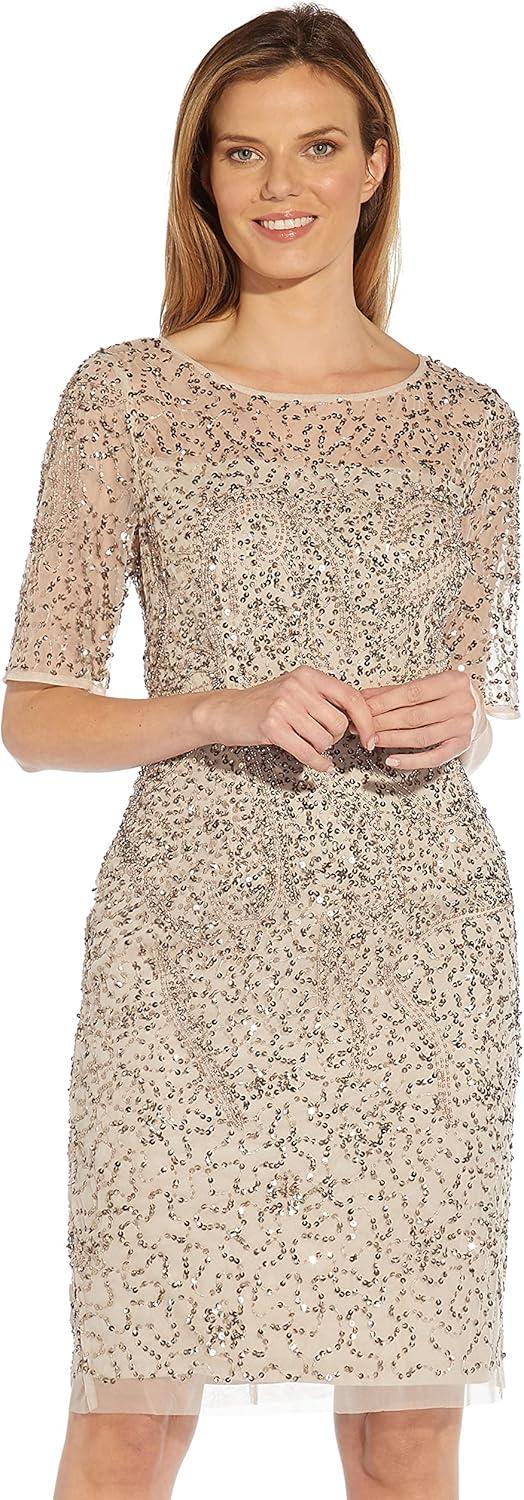 image:imageAdrianna Papell Womens Beaded Illusion Sheath DressBiscotti