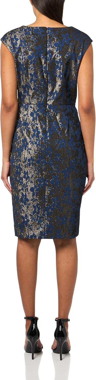 image:imageAdrianna Papell Womens Extended Shoulder Metallic Jacquard Modern Sheath DressNavy Sateen