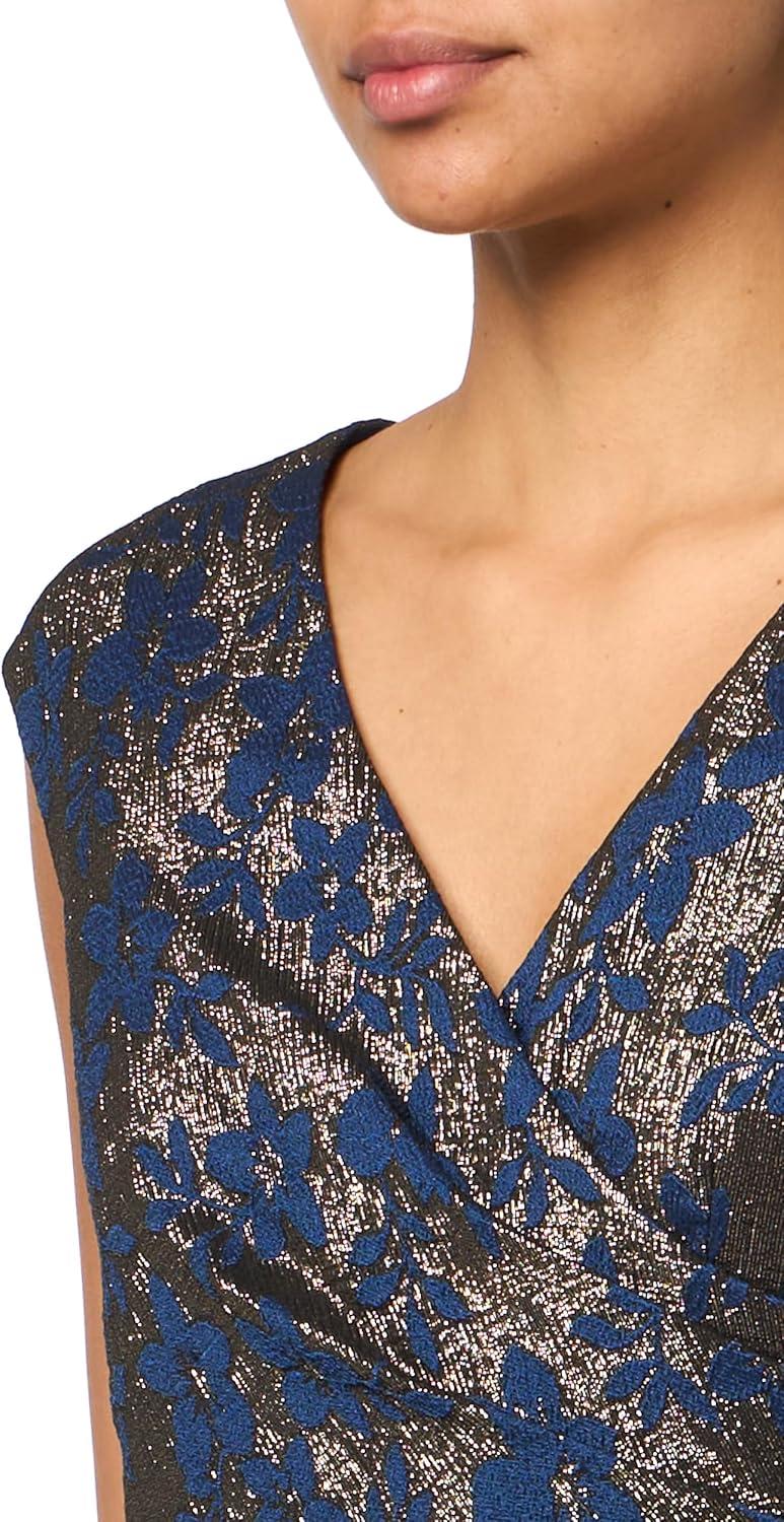 image:imageAdrianna Papell Womens Extended Shoulder Metallic Jacquard Modern Sheath DressNavy Sateen