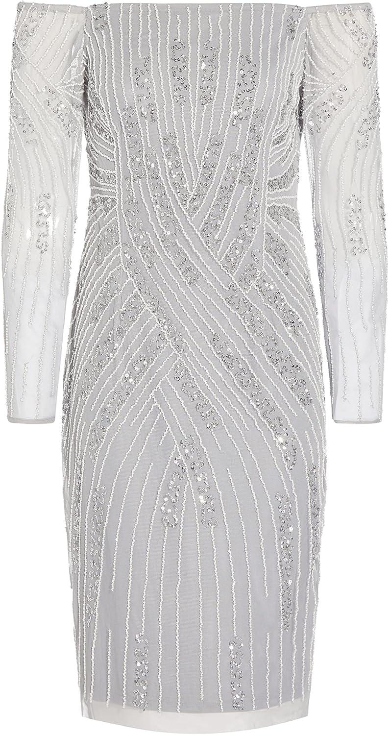 image:imageAdrianna Papell Womens Off Shoulder Beaded DressSilver Mist