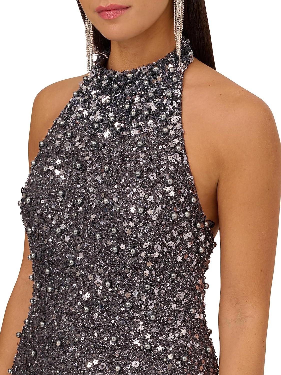 image:imageAidan Mattox Womens Beaded Halter Swing DressGunmetal