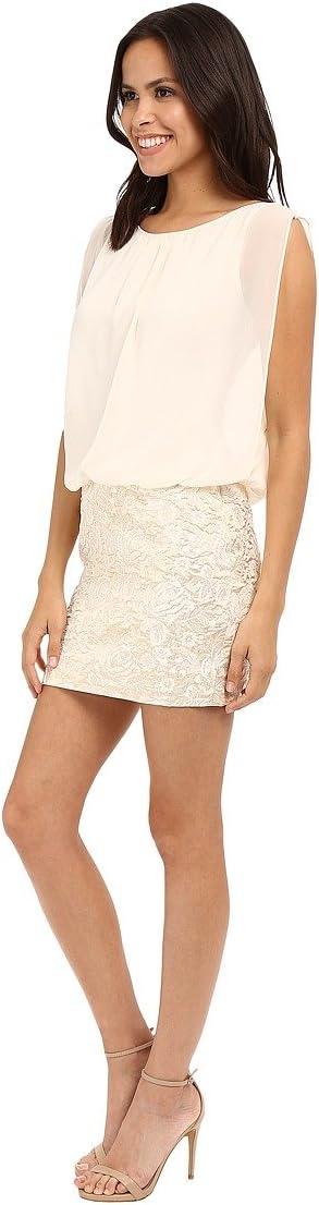 image:imageAidan by Aidan Mattox Womens Sleevless Metallic Jacquard Cocktail Dress with Solid Chiffon Blousson TopIvoryGold