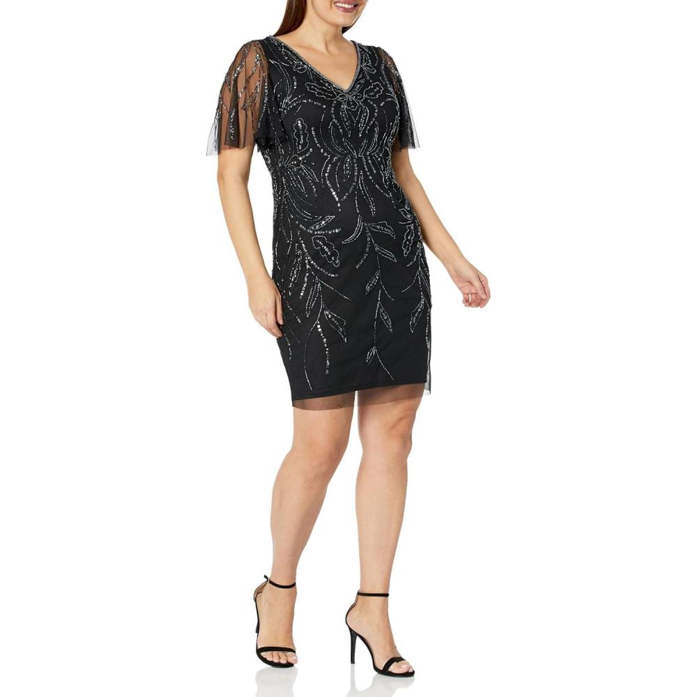 image:imageAdrianna Papell Studio Womens Beaded V Neck Short Dress BlackGunmetal 4
