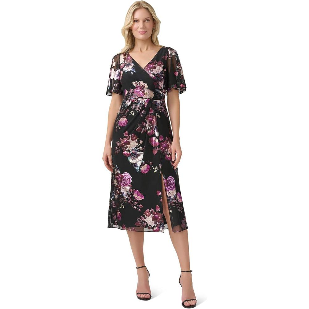 image:imageAdrianna Papell Womens Foil Mesh Draped DressBlack Multi