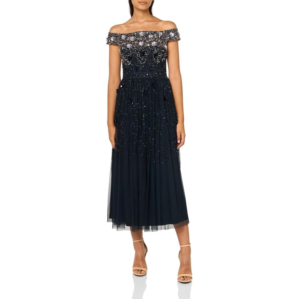 image:imageAdrianna Papell Womens Off Shoulder Beaded DressNavyRosegold