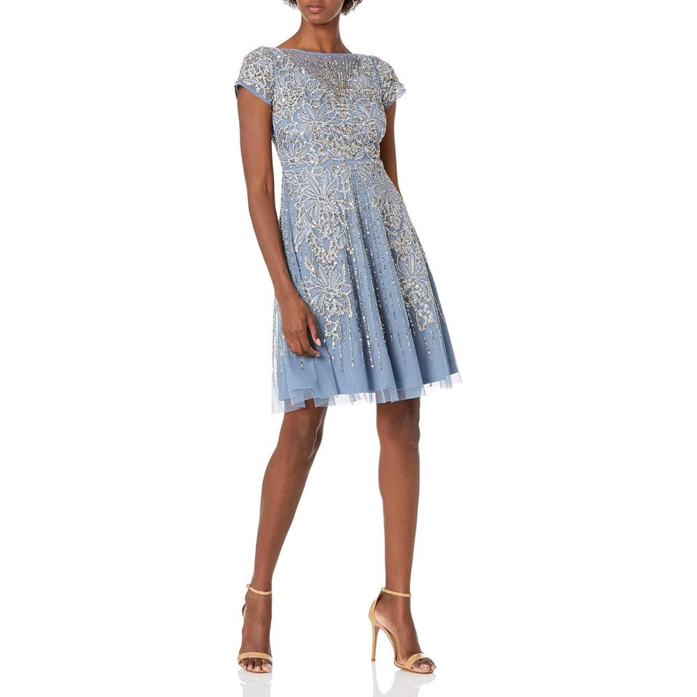 image:imageAidan by Aidan Mattox Womens Short Sleeve Beaded Fit and Flare Cocktail Dress Prussian 8