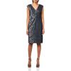 Adrianna Papell Women’s Extended Shoulder Metallic Jacquard Modern Sheath Dress(Navy Sateen)