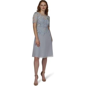 Adrianna Papell Womens Beaded Mesh and Chiffon Midi(Blue Heather)