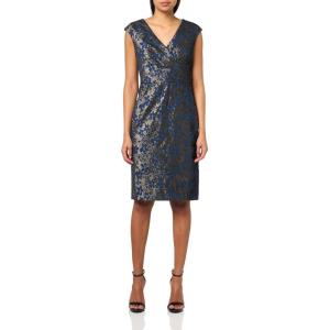 Adrianna Papell Women’s Extended Shoulder Metallic Jacquard Modern Sheath Dress(Navy Sateen)