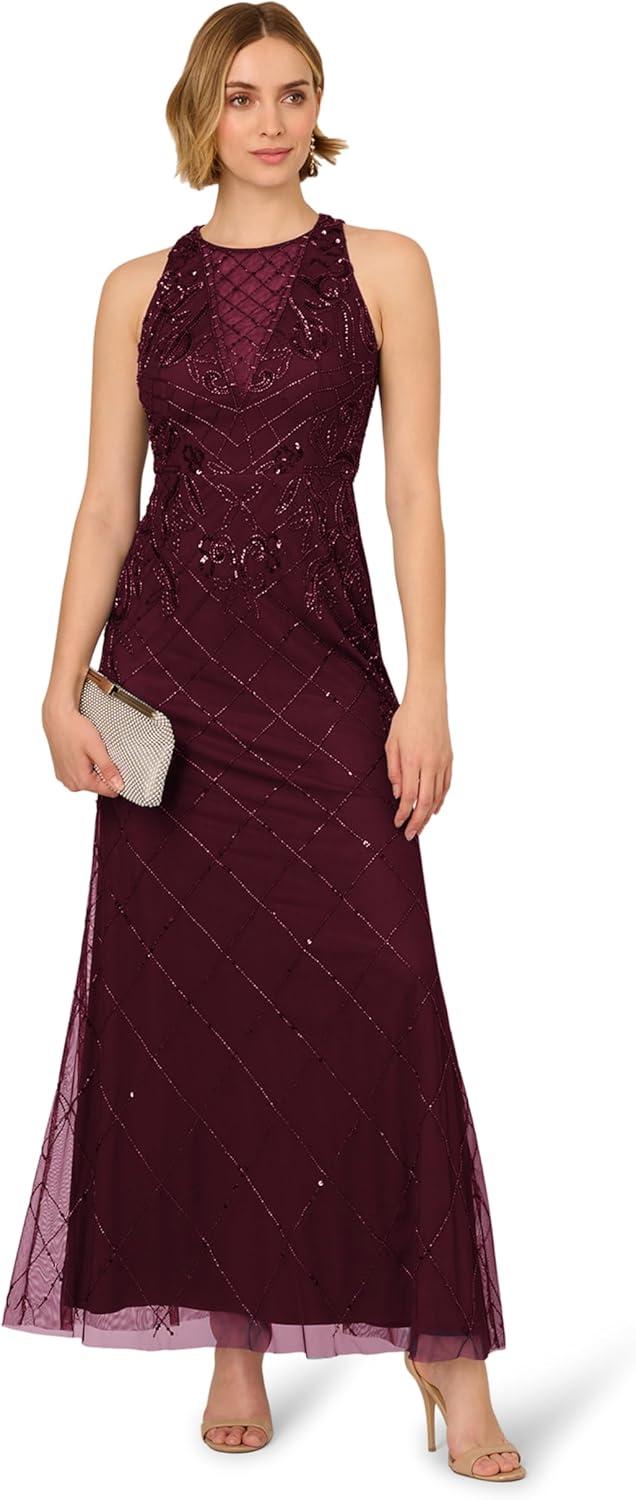 image:imageAdrianna Papell Womens Bead Halter Long DressNight Plum