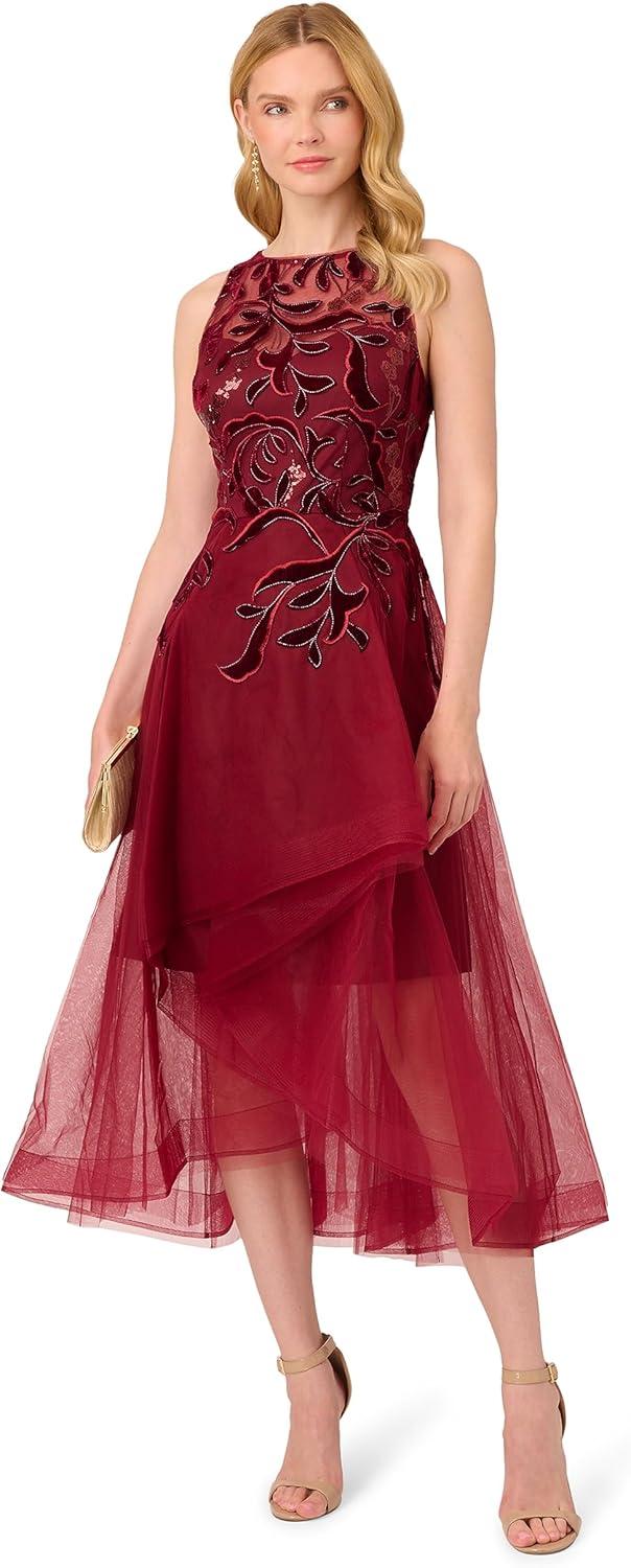 image:imageAdrianna Papell Womens Halter Velvet Tulle DressGarnet