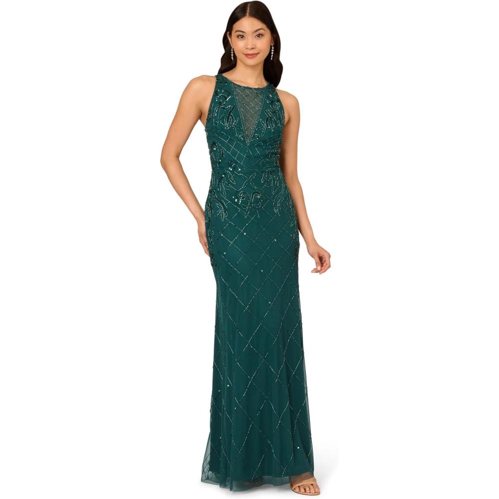 image:imageAdrianna Papell Womens Bead Halter Long DressGem Green