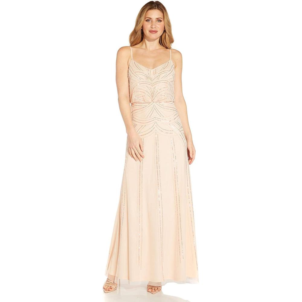 image:imageAdrianna Papell Womens Beaded Blouson Gown with Spaghetti StrapsFlaxen