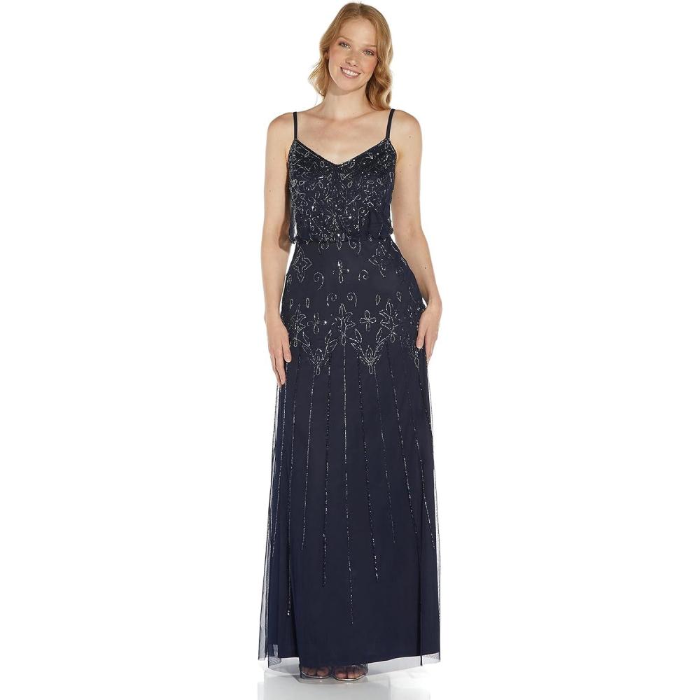 image:imageAdrianna Papell Womens Beaded Blouson Gown with Spaghetti StrapsNavy