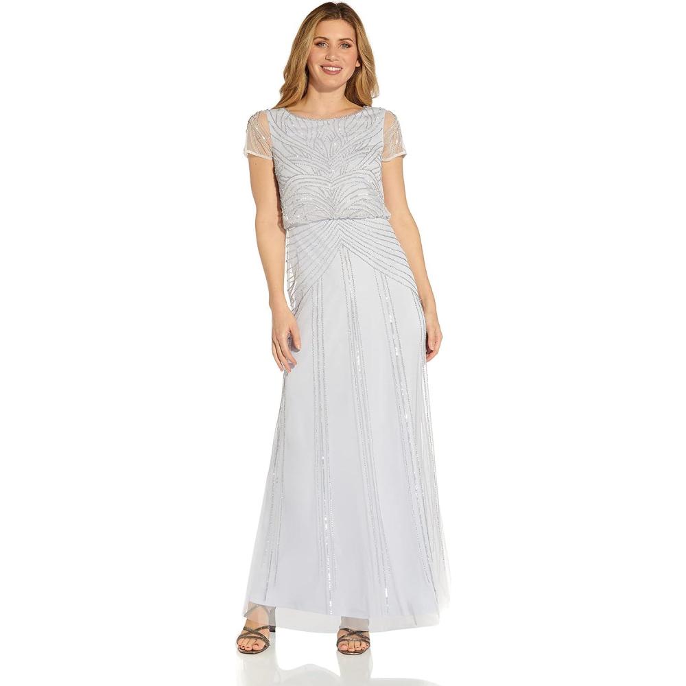 image:imageAdrianna Papell Womens Beaded Blouson Gown with Spaghetti StrapsSerenity