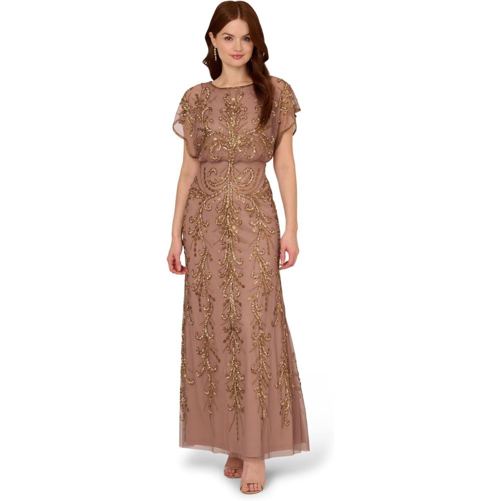 image:imageAdrianna Papell Womens Beaded Blouson Gown with Spaghetti StrapsStone