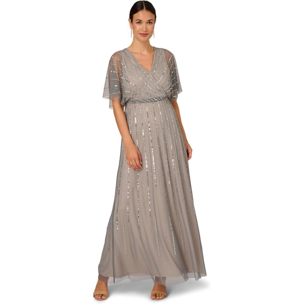 image:imageAdrianna Papell Womens Beaded Blouson GownPewterSilver