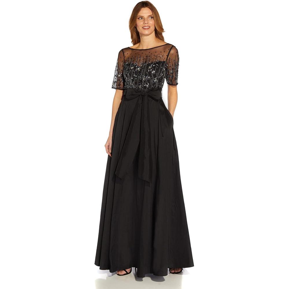 image:imageAdrianna Papell Womens Beaded Mesh and Taffeta GownBlack