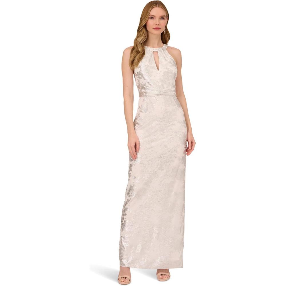 image:imageAdrianna Papell Womens Halter Foil Mesh GownIvorySilver