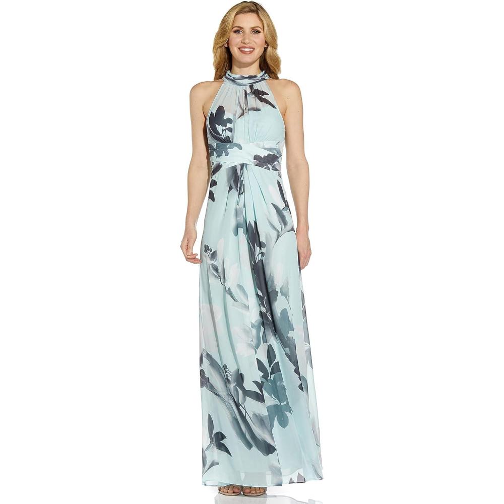 image:imageAdrianna Papell Womens Printed Chiffon Halter GownMint Multi