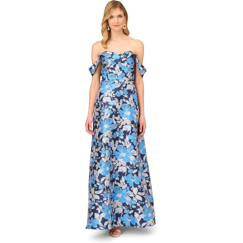 image:imageAidan Mattox Womens Off The Shoulder Jacquard GownBlue Multi